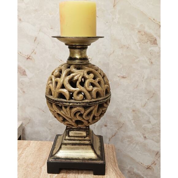 Ornate Candle Holder 12" Art Deco Faux Alabaster Cut Out Globe Morrocan Boho VNT - Picture 5 of 10